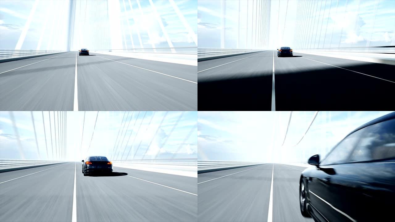 桥上黑色跑车的3d模型。非常快的驾驶。逼真的4k动画。