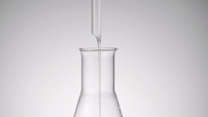 透明液体从实验室试管滴落到玻璃烧杯，干净的白色背景