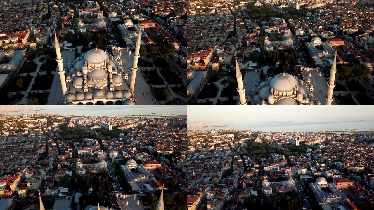 天空中的神秘法提赫清真寺，土耳其金角湾伊斯坦布尔市的鸟瞰图