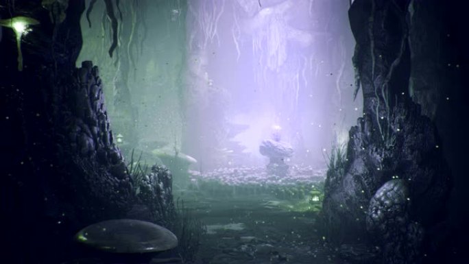 神奇的绿色蘑菇和神奇的蓝花在一个神奇的洞穴中。美丽的魔法蘑菇在幻想的洞穴和萤火虫与雾。