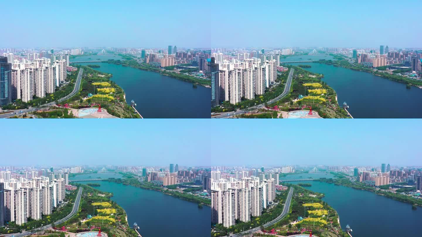 4K航拍临沂市祊河滨河大道风景