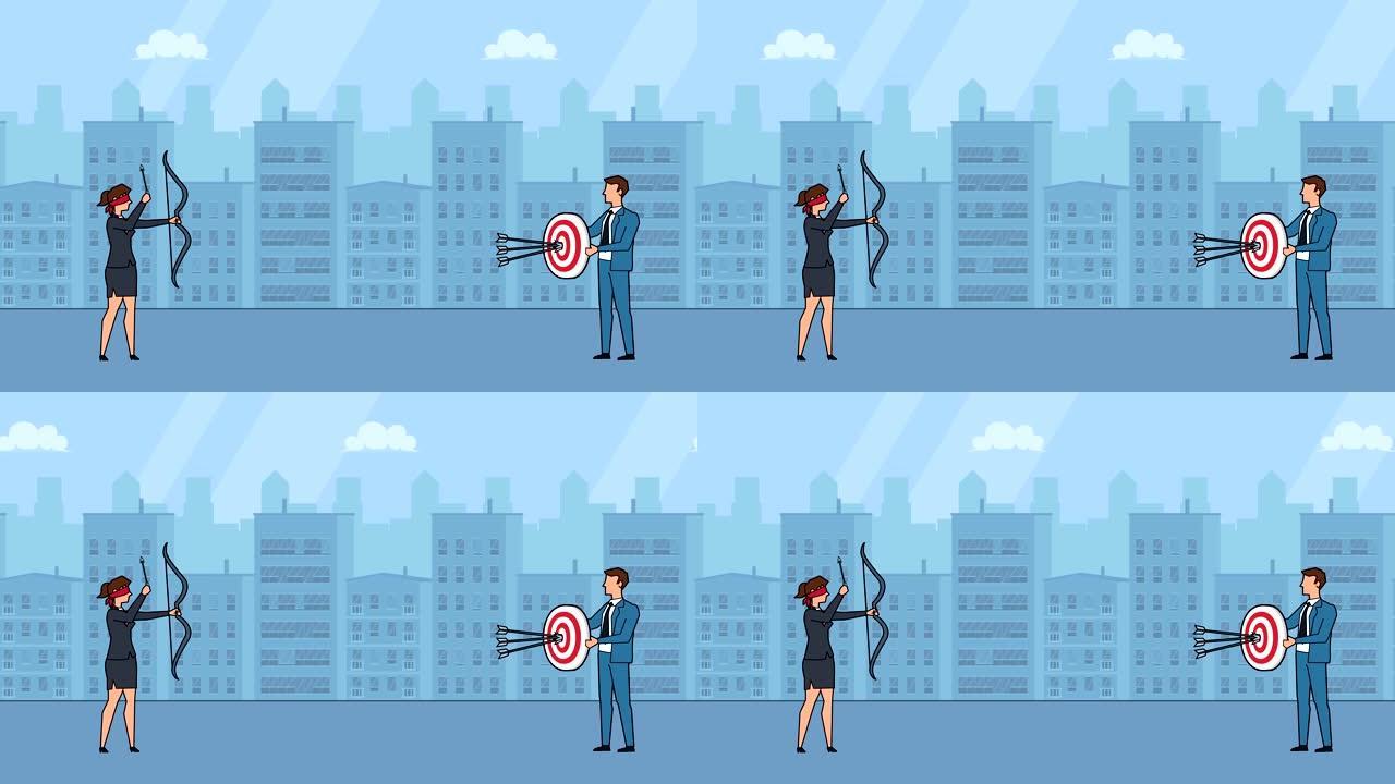 平面卡通女商人角色射箭蒙眼射击目标与商人伙伴动画