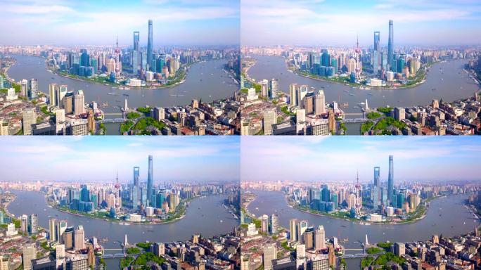 在中国黄浦江的上海市中心，摩天大楼和高层办公楼的鸟瞰图。亚洲智慧城市金融区及商务中心中午