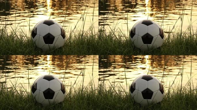 草地上的足球，阳光反射水面
