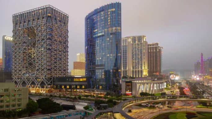 澳门城市日落时间照明著名交通街圈著名酒店全景延时4k中国