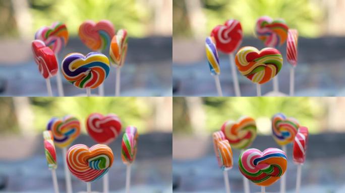 糖果心形彩色全圆旋转，套装彩色彩虹棒棒糖，情人节爱情概念礼物