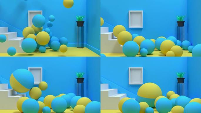 蓝色黄色球落到地板白色楼梯卡通墙壁房间最小风格3d渲染运动抽象