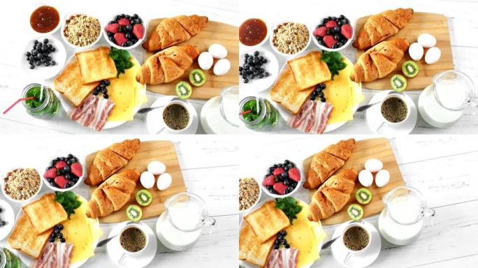 供应白色木桌全新鲜美味早晨健康早餐食品顶视图