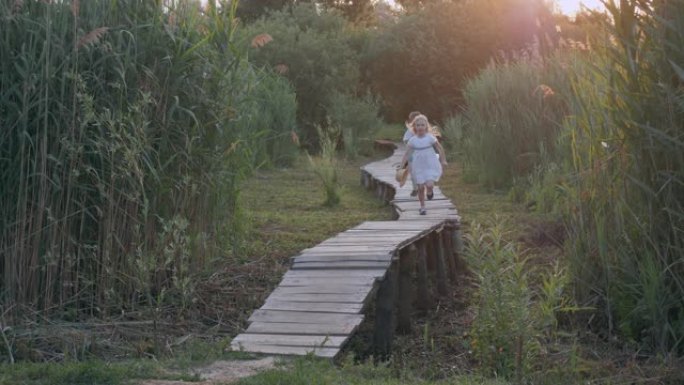 儿童娱乐，可爱的孩子朋友男孩和女孩在大自然的绿色植被中追赶并在木桥上奔跑