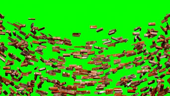 动画红砖墙破碎爆炸在绿屏背景上显示