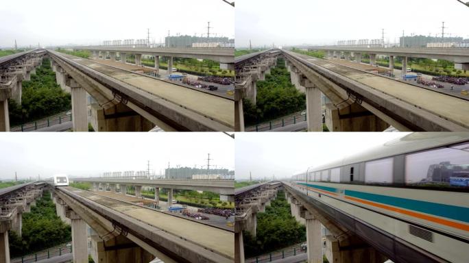 上海磁悬浮轨道与到达火车将人们带到浦东机场。