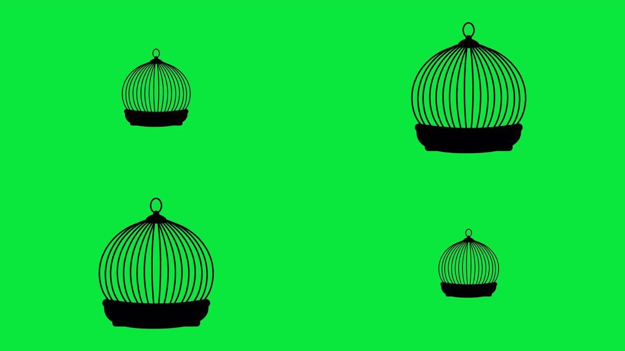 一个封闭的鸟笼在绿色屏幕上的动画。简单的平面风格。绿色背景上的笼子。4 k。