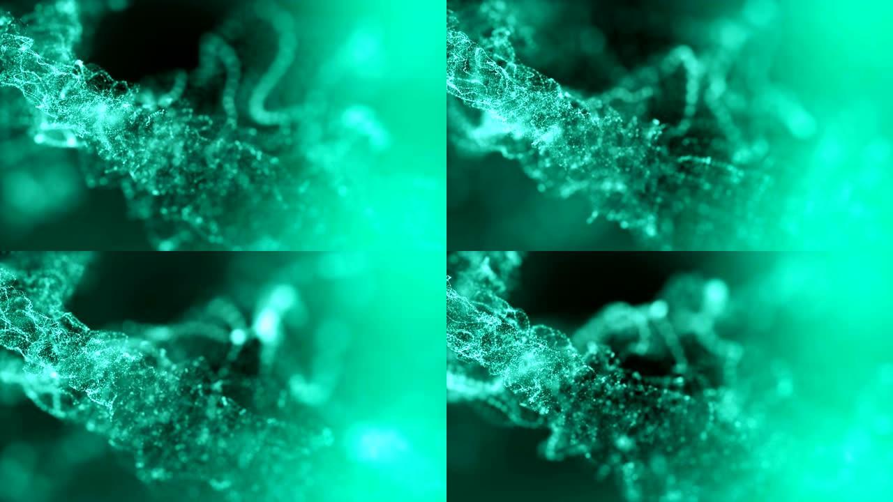 抽象翡翠绿光粒子串漂浮在虚拟空间中旋转。具有景深的振荡闪烁发光粒子。4k分辨率
