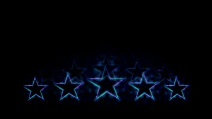 高质量的动画。评价和分类。五颗蓝色霓虹星在黑色背景和透视反射。副本的空间。
