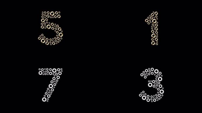 字母集字母数字倒计时九比零，工程齿轮图案，团队合作系统概念设计插图金色孤立在黑色背景动画4k带阿尔法