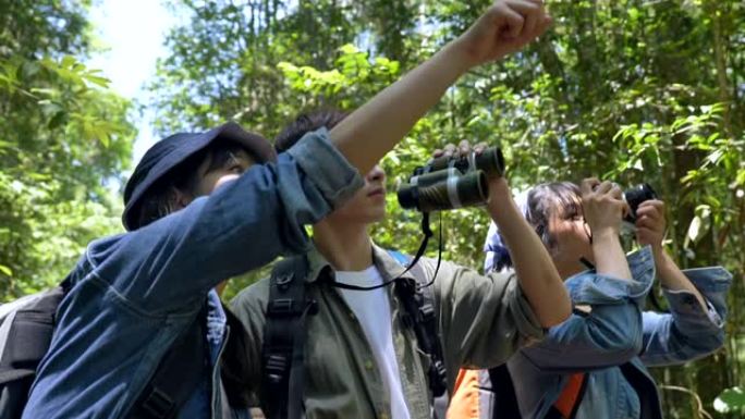 一群十几岁的亚洲背包客在森林里徒步旅行，在暑假里一起享受快乐。他们很开心，在假期放松的时候玩得开心。