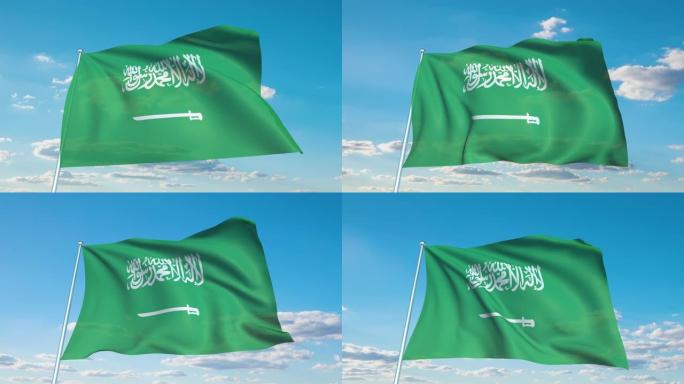 带有织物结构的沙特阿拉伯国旗在多云的天空中 (可循环)