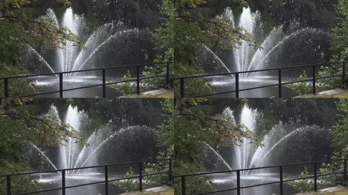 喷射喷泉在公园池塘中向上喷射水