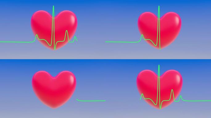 红心标记背景上的心电图和心脏病发作标志，数字艺术，CG，