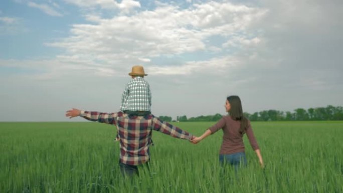 农村家庭，快乐的父亲和小孩在肩膀上，妈妈走在绿色的麦田里
