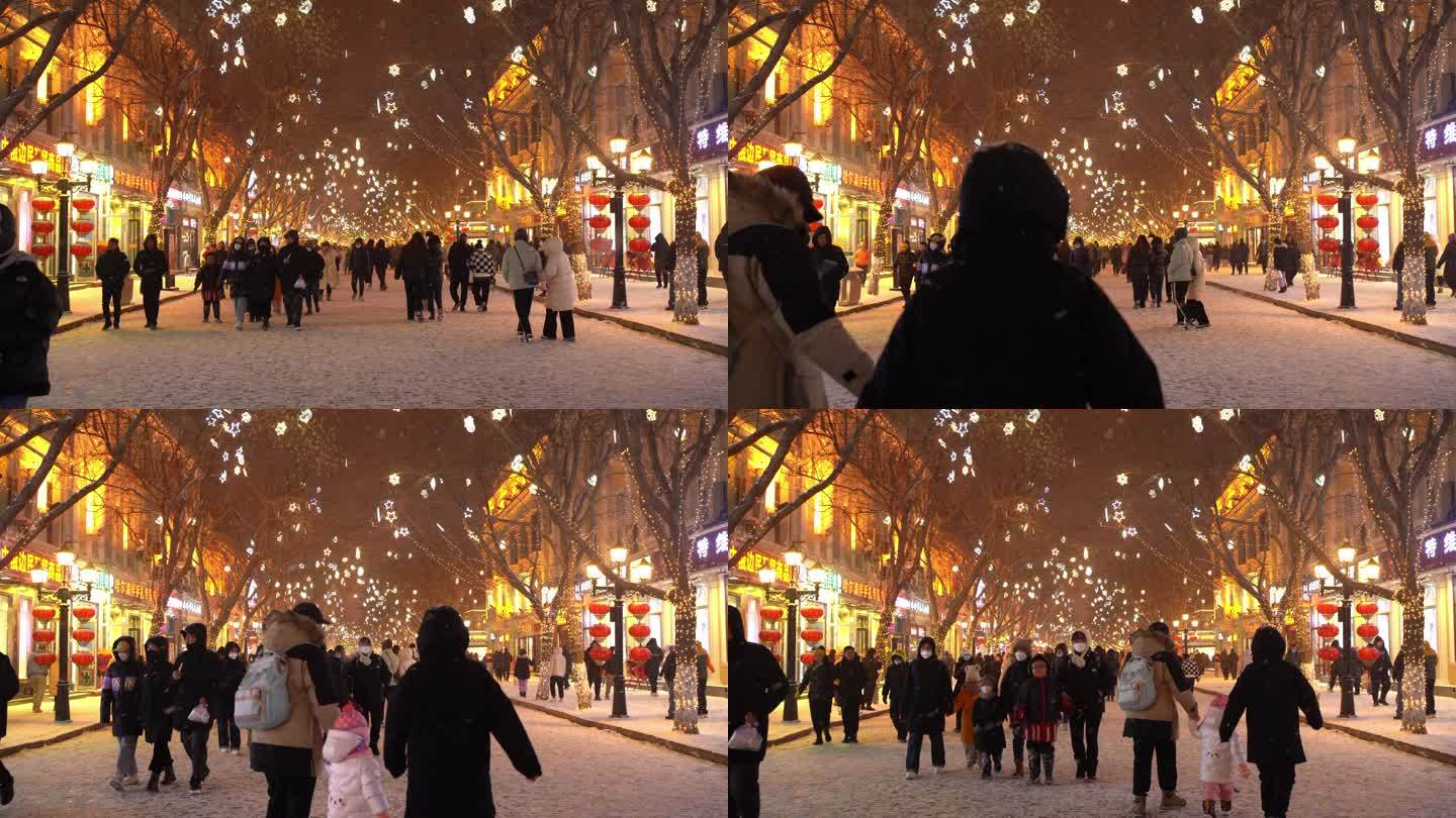 中国哈尔滨中央大街下雪固定镜头
