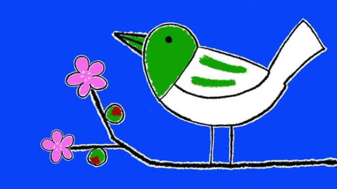 绿色夜莺和中国梅花涂鸦艺术，适合色键的蓝屏循环动画。