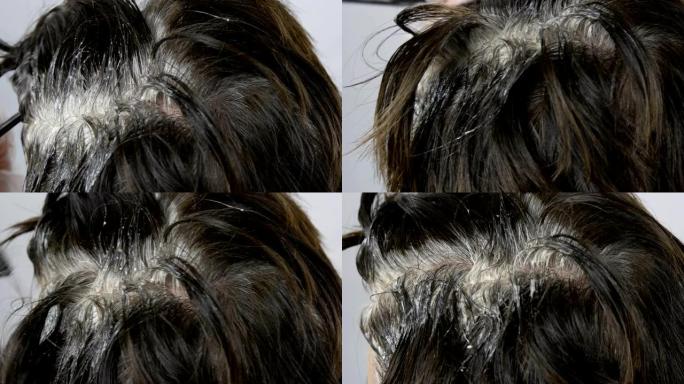 女性根部的白发，本身用特殊的油漆和刷子染发