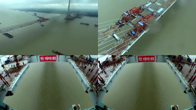基建架桥安装长江大桥合龙航拍延时