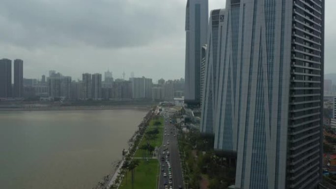 阳光明媚的日子珠海市著名海湾酒店综合景观航空全景4k中国