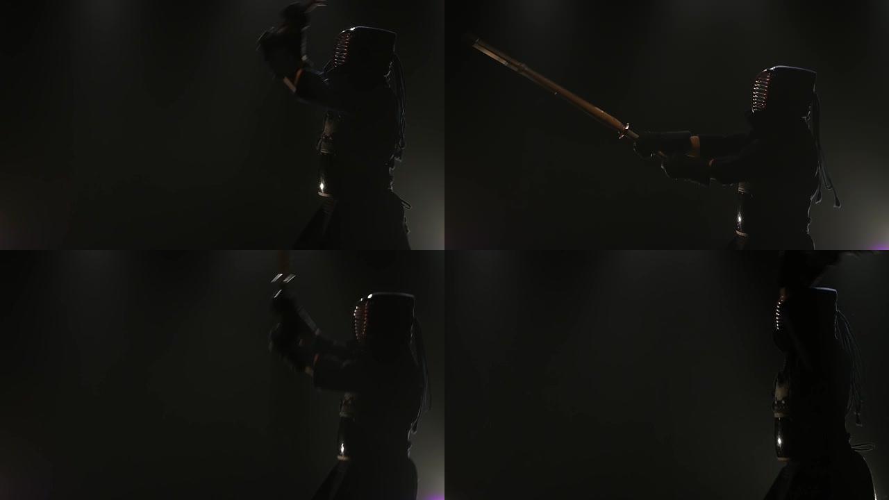 剑道战士与武士刀神井一起练习武术。慢动作，特写