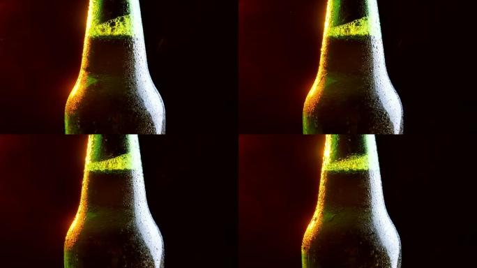 闪亮的啤酒瓶颈在运动中旋转的特写镜头