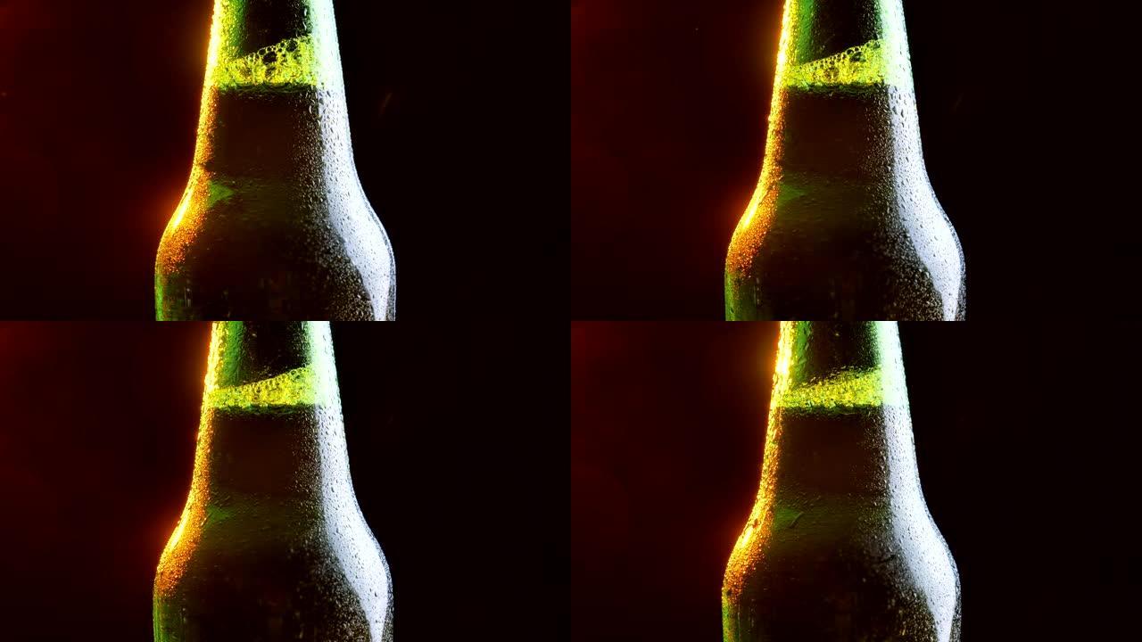 闪亮的啤酒瓶颈在运动中旋转的特写镜头