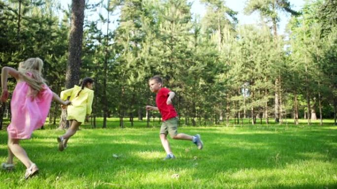 一组三个活跃的孩子在夏季公园的草坪上玩标签游戏，慢动作拍摄
