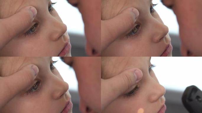 一位专家医生仔细检查一名年轻女性患者视力的特写演示视频。视觉测试概念。