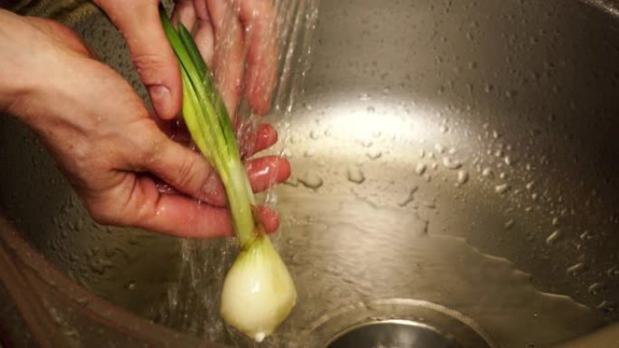 在水槽里手洗葱蔬菜