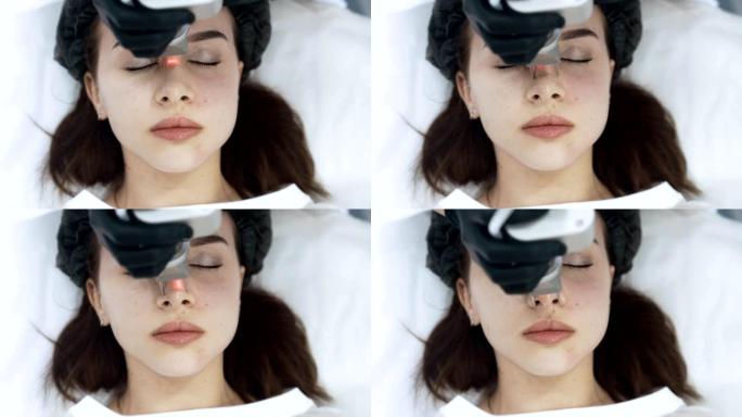 激光面部脱皮手术中年轻女性的俯视图，慢动作