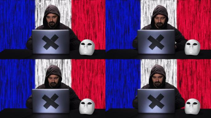 黑客在带有法国国旗的笔记本电脑上键入代码黑客，背景中有代码动画覆盖