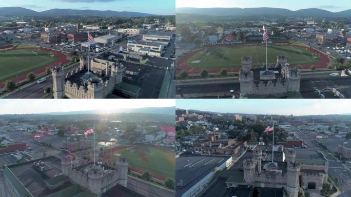 日落时斯克兰顿的全景。美国宾夕法尼亚州。无人机航拍视频具有轨道和上升的摄像机运动。