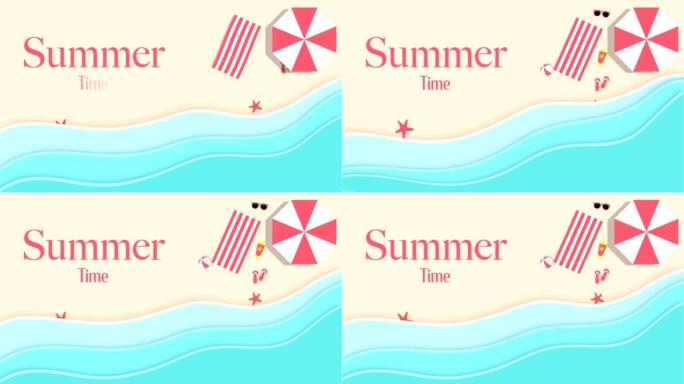 夏季美丽海滩的鸟瞰图，4k图形视频中的插图和动画