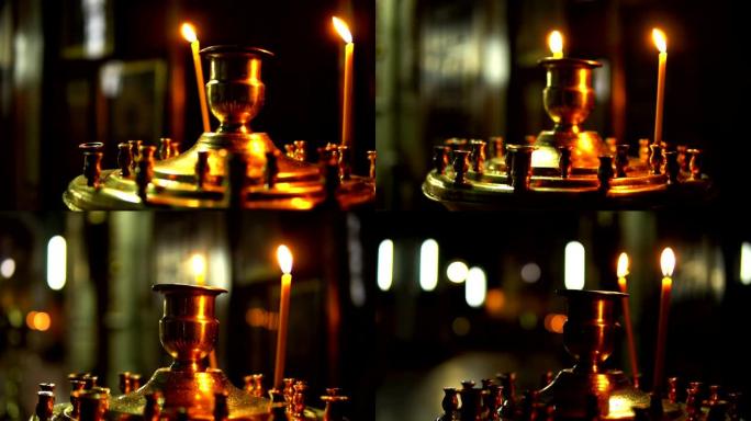 东正教教堂的金烛台上的一对蜡烛