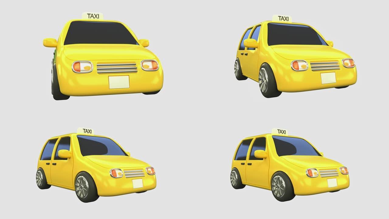 3d渲染黄色出租车运动卡通风格城市交通商业概念