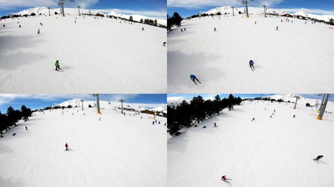 滑雪缆车，座位越过山，可以看到人们在斜坡上滑雪和滑雪板