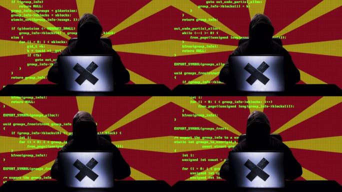 无面马其顿黑客在他的笔记本电脑上输入代码并在后台插上马其顿国旗