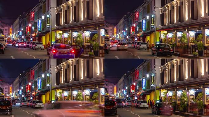 新加坡城市夜间照明中国城流行交通街道全景延时4k
