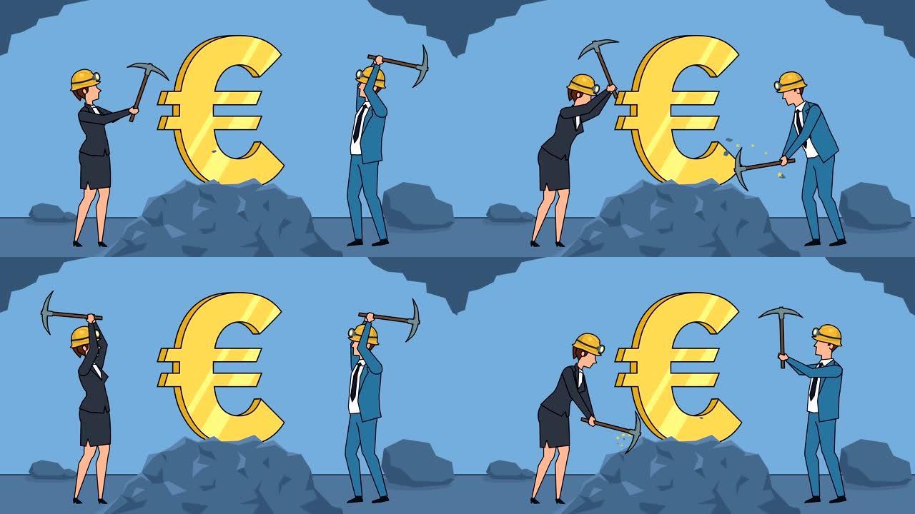 平面卡通商人和女商人矿工角色与镐商务欧元概念动画一起工作