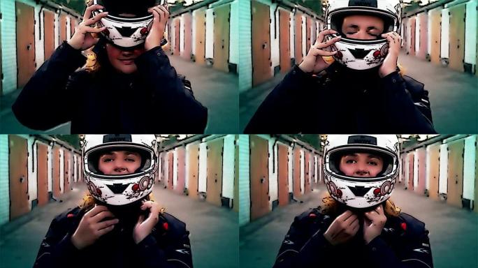 卡通女人戴上摩托车头盔，准备冒险，生活方式概念