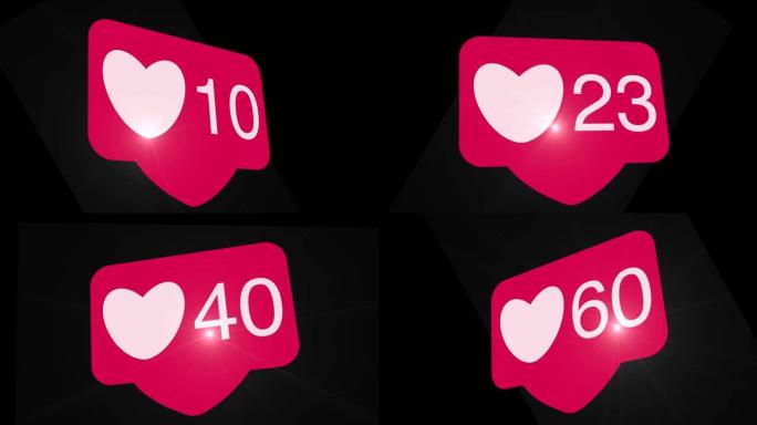 绿色屏幕上的社交媒体红色爱心计数器图标动画。适合社交网络故事的营销概念或短视频背景。带镜头光斑的4k