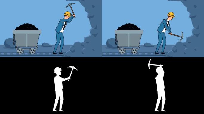 平面卡通商人矿工角色与镐商业动机概念动画