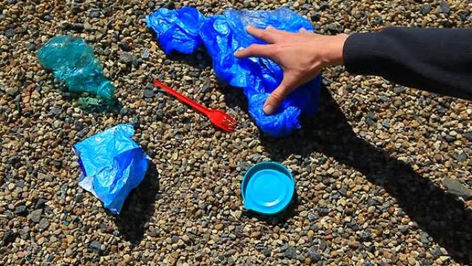 石滩塑料瓶包装垃圾手高清镜头