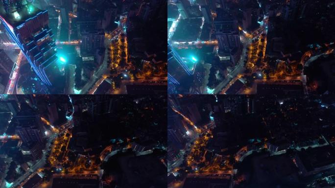 夜间照明澳门城市湾市中心著名酒店空中俯拍全景4k中国